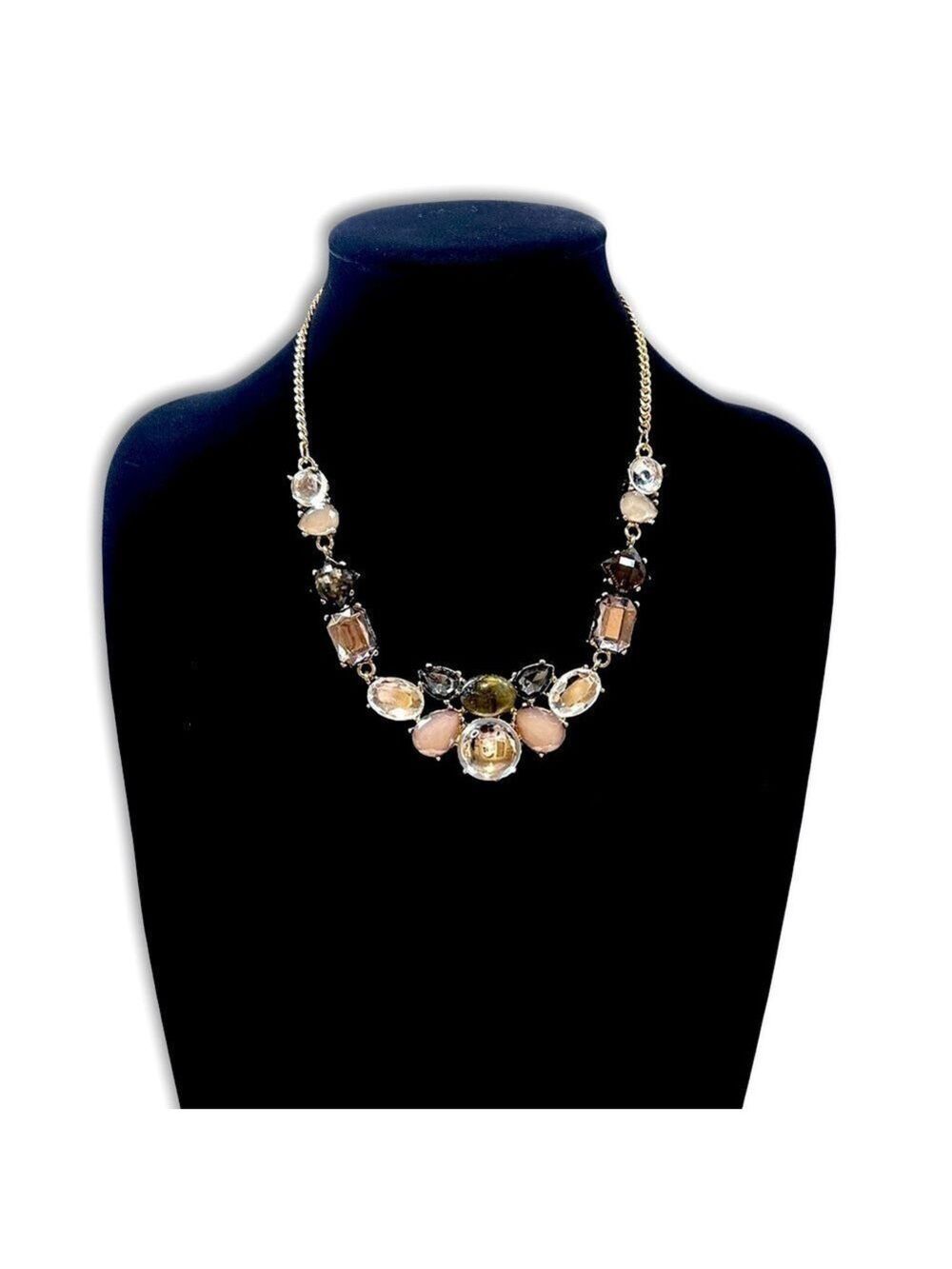 Macy's Gold Tone Crystal Resin Bib Necklace Black Gray